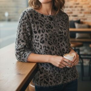 Nue Options - NWOT, Gray Fuzzy Blouse W/Black Leopard Print, One Button Closure,